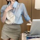 Mock Two-piece Lace Trim Shirt / Asymmetrical Mini Pencil Skirt