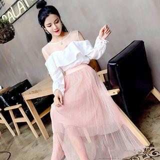 Set: Open Shoulder Ruffle Long-sleeve Chiffon Top + Tiered Midi Skirt