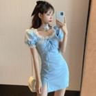 Puff-sleeve Lace Trim Mini Bodycon Dress