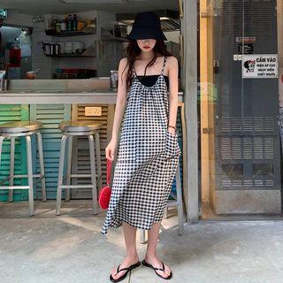Spaghetti Strap Checker A-line Midi Dress As Shown In Figure - One Size