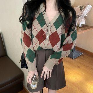 Set : Plaid Long-sleeve Cardigan + High-waist Shorts