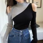 Cold-shoulder Two-tone Mock-neck Sweater