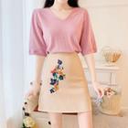 Elbow-sleeve V-neck Knit Top / Floral Embroidered Mini Skirt / Set