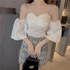 Off-shoulder Balloon-sleeve Shirred Blouse White - One Size