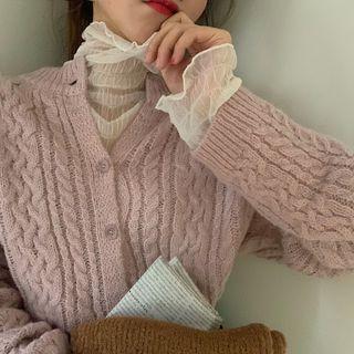 Sheer Top + Cable Knit Cropped Cardigan
