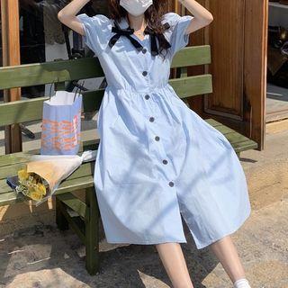 Puff-sleeve Bow Midi A-line Dress Sky Blue - One Size