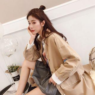 Fortune Cat Print Ripped Long Denim Jacket