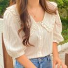 Elbow-sleeve Wide Collar Striped Blouse