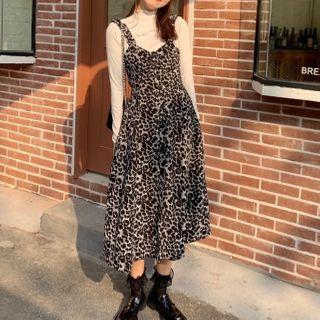Long-sleeve Top / Spaghetti Strap Leopard Print Midi A-line Dress