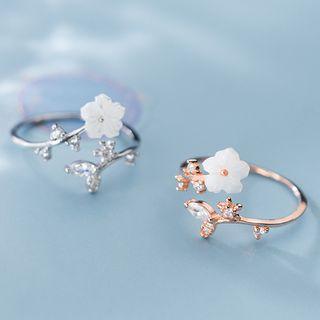 925 Sterling Silver Rhinestone Flower & Branches Open Ring