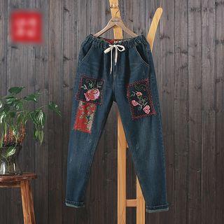 Flower Embroidered Drawstring Jeans
