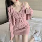 Set: Spaghetti Strap Mini Bodycon Dress + Cardigan Cream Pink - One Size