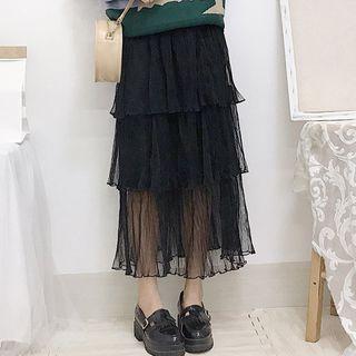 Tiered Overlay Midi Skirt Skirt - Black - One Size