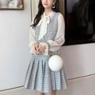 Set: Bow Accent Blouse + Double-breasted Sleeveless Dress