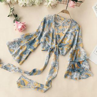 Leaf Print Cropped Lace-up Jacket
