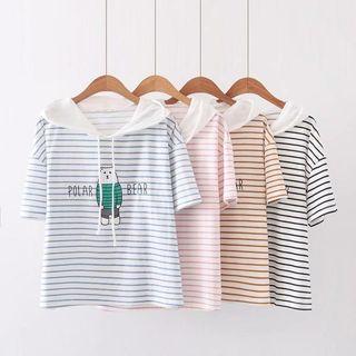 Bear Print Striped Hooded Short-sleeve T-shirt