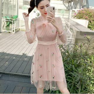 Set: Bow Accent Long-sleeve A-line Dress + Slipdress