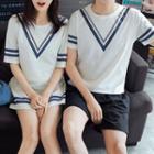 Couple Matching Striped Short-sleeve T-shirt / Set: Striped Elbow-sleeve T-shirt + A-line Skirt