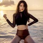 Set: Mesh Panel Long-sleeve Rashguard + Bikini Bottom