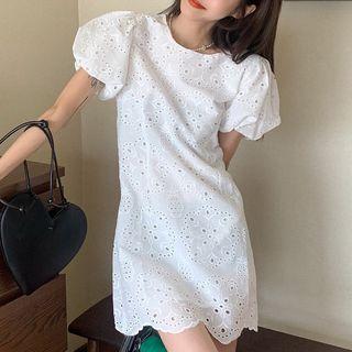 Short-sleeve Lace Mini A-line Dress White - One Size