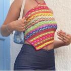 Halter-neck Striped Embroidered Top