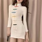 Long-sleeve Frog-buttoned Mini Sheath Dress