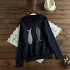 Fish Applique Sweater Navy Blue - One Size