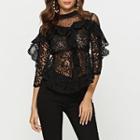 Mesh Panel Lace 3/4-sleeve Top