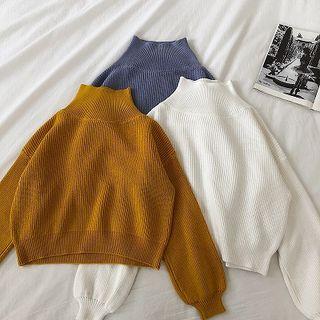 Plain Mock-neck Puff-sleeve Knit Top