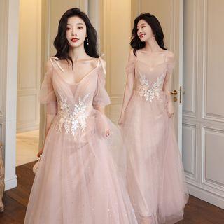 Cold-shoulder Floral Embroidered A-line Bridesmaid Dress (various Designs)