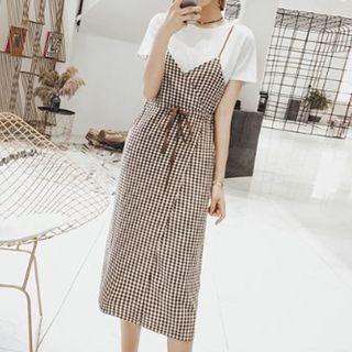 Set: Short-sleeve Top + Spaghetti Strap Plaid Midi Dress