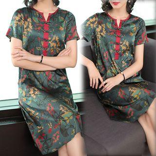 Short-sleeve Notch Neck Leaf Print Cheongsam
