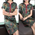 Short-sleeve Notch Neck Leaf Print Cheongsam