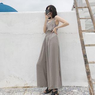 V-neck Camisole Top / Plain Wide-leg Pants