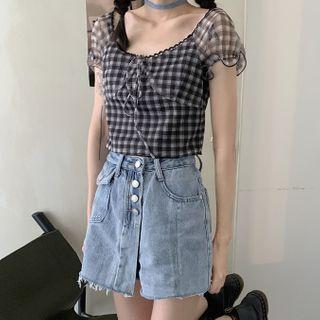 Plaid Short-sleeve Blouse / Denim Skort