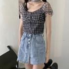 Plaid Short-sleeve Blouse / Denim Skort