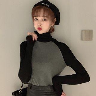 Two-tone Turtleneck Long-sleeve T-shirt Gray & Black - One Size