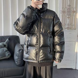 Faux-leather Stand Collar Zip Padded Jacket