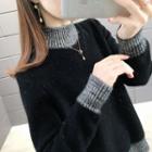 Mock-neck Color Block Sweater Black - One Size