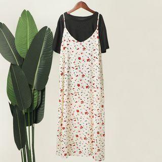 Short-sleeve Plain T-shirt / Spaghetti Strap Floral Print Midi Dress