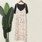 Short-sleeve Plain T-shirt / Spaghetti Strap Floral Print Midi Dress