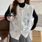 Smiley Embroidered Button-up Sweater Vest
