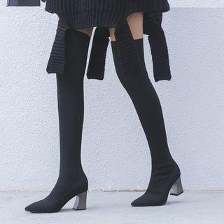 Over-the-knee Pointy Chunky Heel Knit Boots