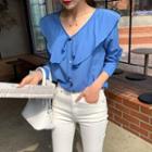 Tie-neck Ruffle-collar Blouse Blue - One Size