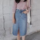 Cutout Fray-hem Denim Long Skirt
