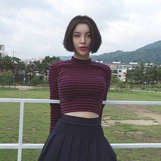 Mock-neck Striped Long-sleeve Cropped T-shirt
