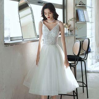 Spaghetti-strap Open-back Midi A-line Prom Dress
