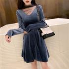 Long-sleeve Mesh Panel Mini Velvet A-line Dress Blue - One Size