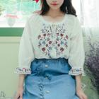 Tassel-neck Flower Embroidered Blouse White - One Size