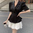 Short-sleeve V-neck Blouse / Mini A-line Skirt